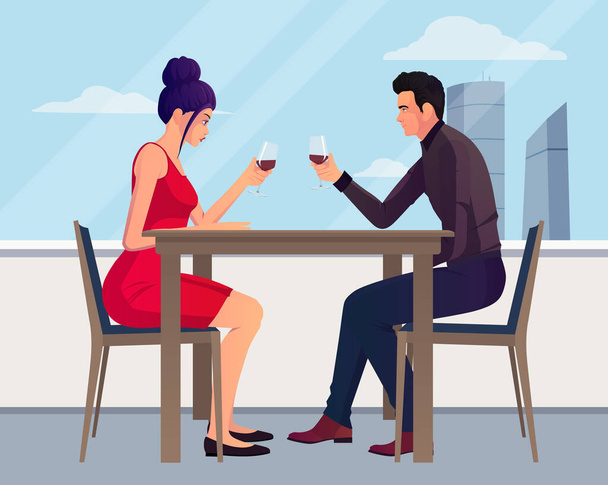 Man en vrouw zitten in een restaurant en drinken rode wijn met uitzicht op de lucht en buiten Vector Illustratie. ontwerp - Vector, afbeelding