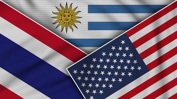 Urugwaj Stany Zjednoczone Ameryki Tajlandia Flagi Razem Efekt tekstury tkaniny Ilustracja - Zdjęcie, obraz