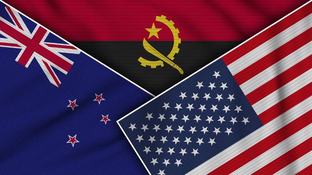 Angola Stany Zjednoczone Ameryki Flagi Nowej Zelandii Razem Efekt tekstury tkaniny Ilustracja - Zdjęcie, obraz