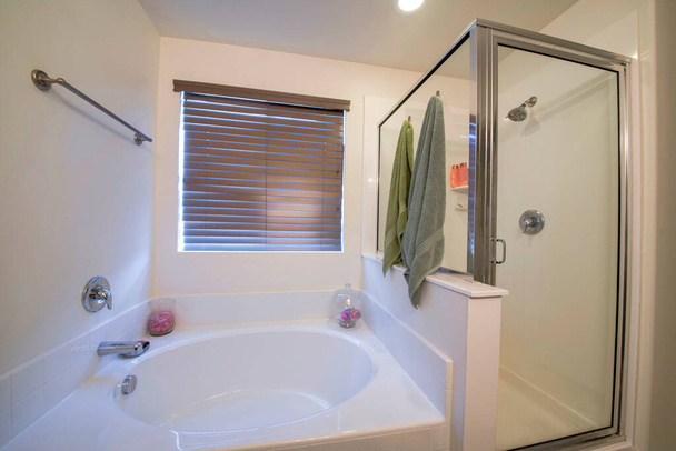 Interieur van een badkamer met ligbad en douchecabine met glazen behuizing en aluminium frame - Foto, afbeelding