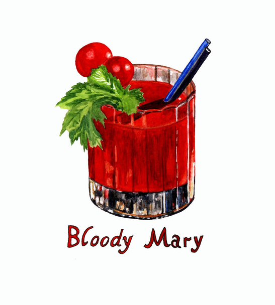 A hand-drawn watercolor illustration of a Bloody Mary cocktail with the inscription isolated on a white background - Φωτογραφία, εικόνα