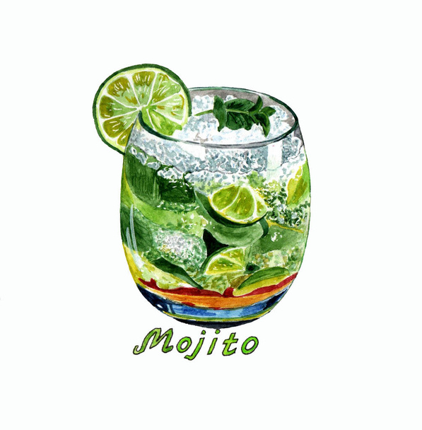 Classic alcoholic Mojito cocktail, watercolor illustration on a white background - Photo, image