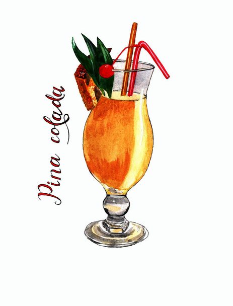 Bright alcoholic cocktail Pina colada, isolated watercolor illustration on a white background with the inscription. - Foto, immagini
