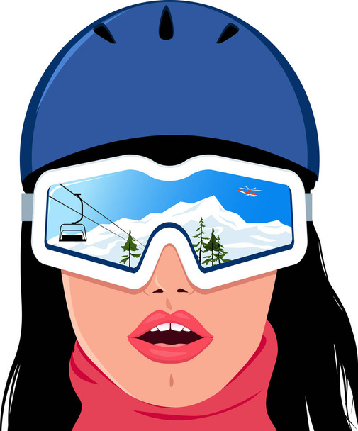 Reflet d'un beau paysage de montagne dans les lunettes de ski d'une belle jeune femme étonnée dans un casque, aucun produit réel ou personne représentée, illustration vectorielle EPS 8 - Vecteur, image