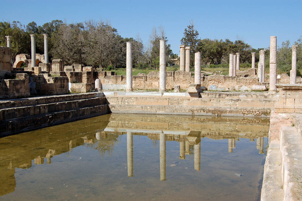 Pilarit ja tuhoutuneet rakennukset muinaisessa roomalaisessa Leptis Magnan kaupungissa Pohjois-Libyassa. - Valokuva, kuva