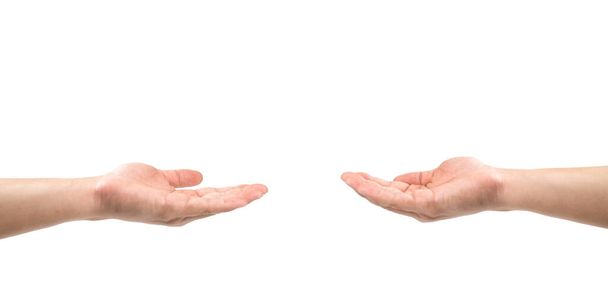 2 mãos asiáticas abrir a palma da mão para compartilhar e obter, dar e receber, doar e implorar ou quaisquer ações em conjunto sobre fundo branco. Caminho de recorte. - Foto, Imagem