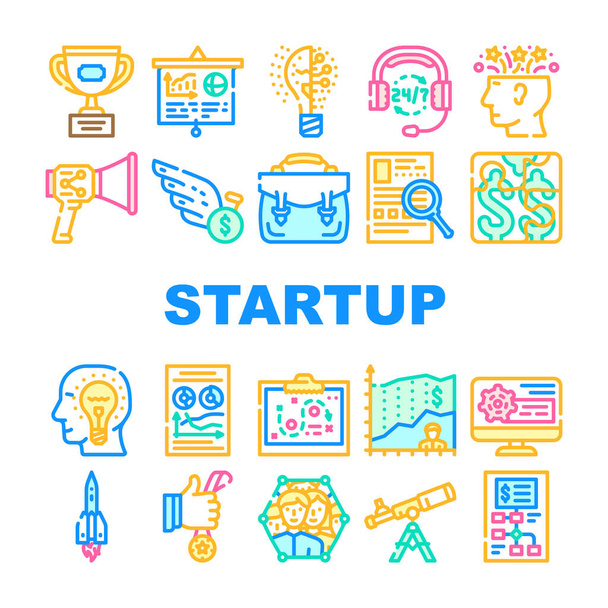 Startup Business Work Collection Icons Set Vektor. Marktforschung und Preisanalyse für Start-ups, kreatives Brainstorming und das Zählen von Geldgewinnlinien-Piktogrammen. Konturfarbige Illustrationen - Vektor, Bild