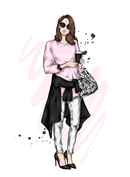 Beautiful girl in stylish clothes. Blouse and trousers, fashion and style. - Vector, imagen