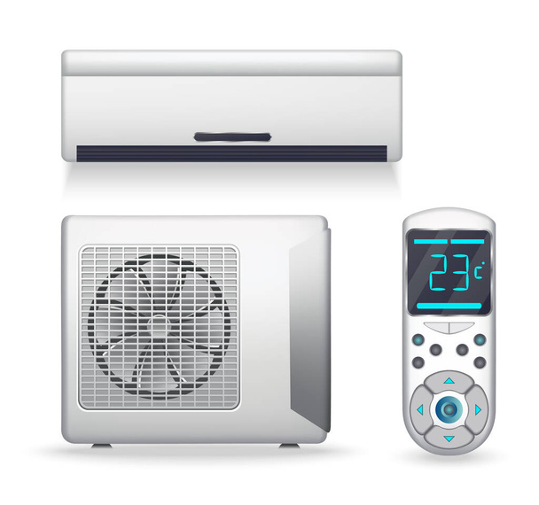 Air conditioner system - realistic set with cooling or heating equipment. Electronic appliance or device to clean, freshen and circulate air. Color indoor and outdoor units. Icon on white background - Vetor, Imagem