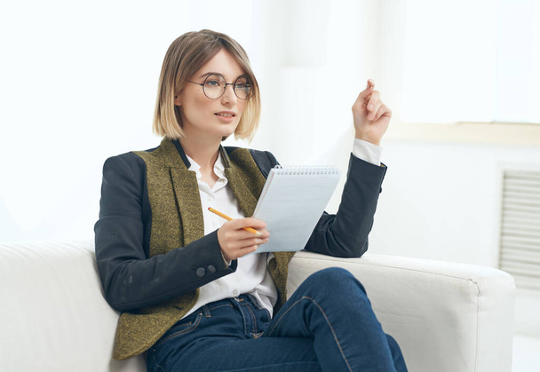 Business woman sitting in chair documents resume office - Φωτογραφία, εικόνα