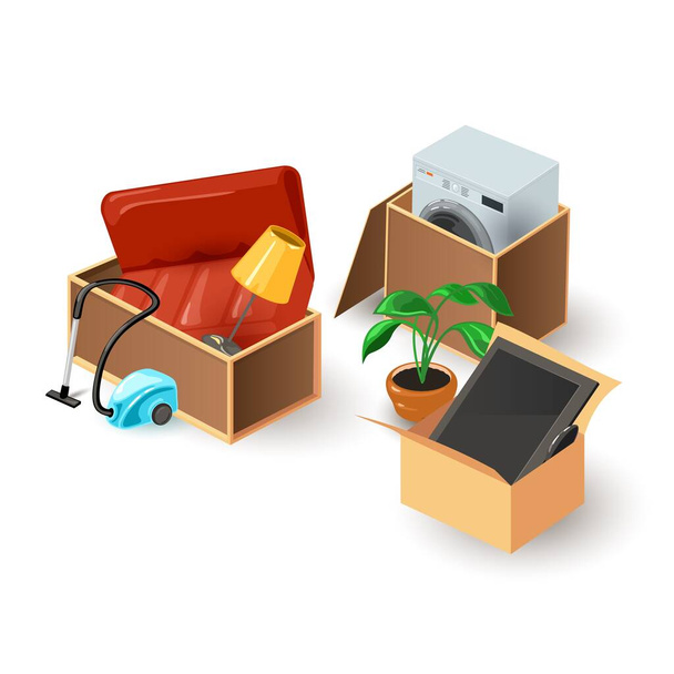 Cosas del apartamento embaladas en cartón y cajas de madera - Vector, imagen