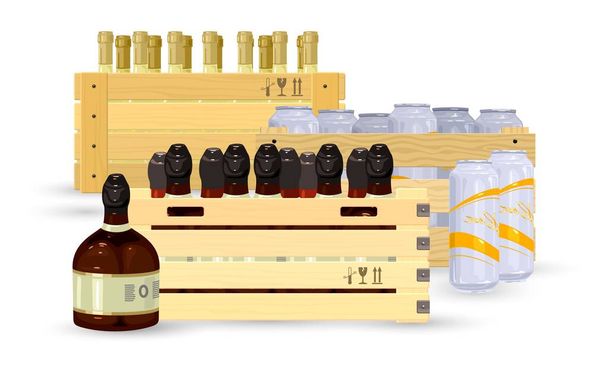 Колекція алкогольних напоїв сортується в коробках
 - Вектор, зображення