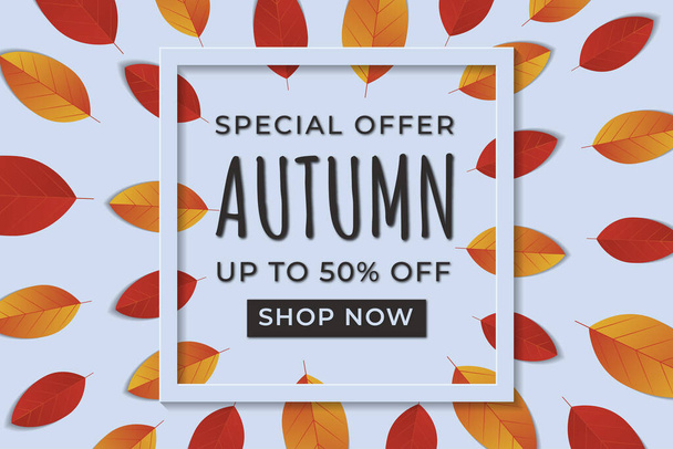 Herfst verkoop banner achtergrond met blad en frame. Speciale aanbieding tot 50%. Premievector - Vector, afbeelding