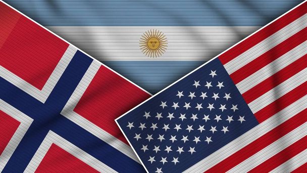 Argentyna Stany Zjednoczone Ameryki Norwegia Flagi Razem Fabric Texture Effect Illustration - Zdjęcie, obraz