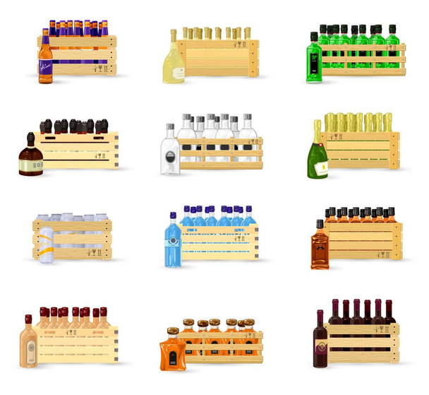 Recogida de bebidas alcohólicas ordenar en cajas - Vector, imagen