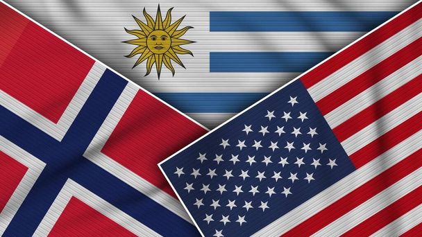 Urugwaj Stany Zjednoczone Ameryki Flagi Norwegii Razem Efekt tekstury tkaniny Ilustracja - Zdjęcie, obraz
