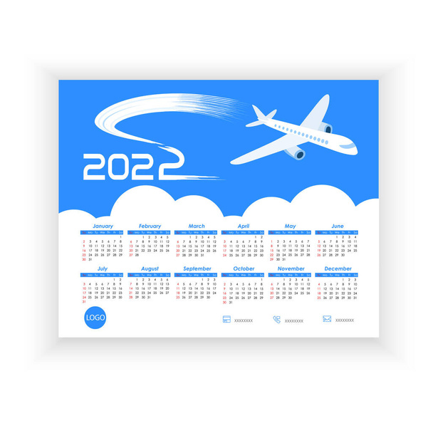 Masaüstü Takvimi 2022. Seyahat, yolculuk konsepti. Mavi gökyüzünde uçan uçakla basit, yatay takvim şablonu. Takvim tasarımı 2022 yılı İngilizce. Hafta pazar günü başlıyor. Vektör illüstrasyonu - Vektör, Görsel