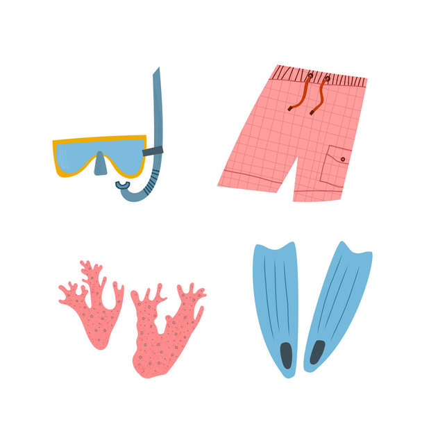 夏休みのウォータースポーツ用品シュノーケリングマスク、水泳フィン、スイミングトランク、ピンクのサンゴとセットの手描きベクトルイラスト。白地に隔離された - ベクター画像