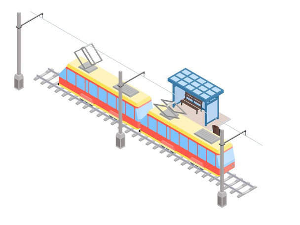 Parada de tranvía y transporte urbano antiguo. vector de imagen estilo isométrico - Vector, Imagen