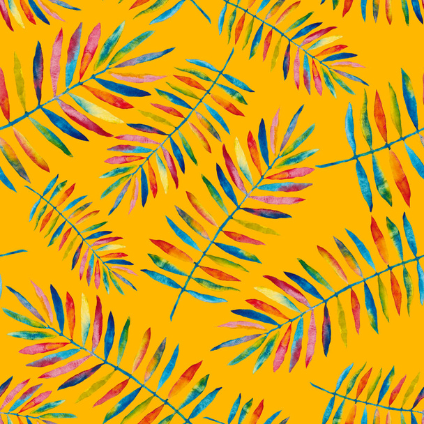 Akvarell zökkenőmentes minta színes elvont trópusi levelek. Fényes nyári nyomtatás egzotikus növényekkel. Kreatív trendi botanikus textiltervezés. - Fotó, kép