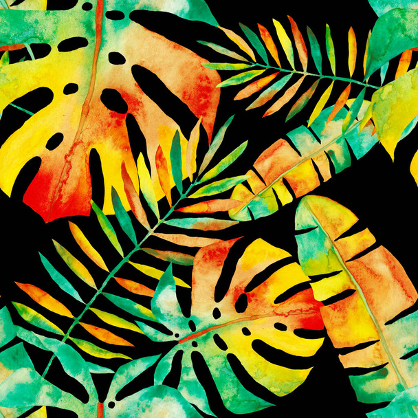 カラフルな抽象的な熱帯の葉と水彩シームレスパターン。エキゾチックな植物で明るい夏の印刷。創造的なトレンディーな植物繊維デザイン. - 写真・画像