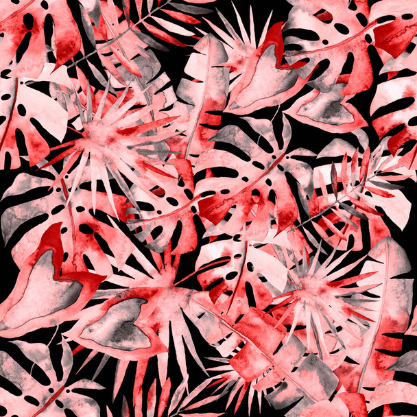 Акварельний безшовний візерунок з різнокольоровими абстрактними тропічними листям. Яскравий літній принт з екзотичними рослинами. Творчий модний ботанічний текстильний дизайн
. - Фото, зображення