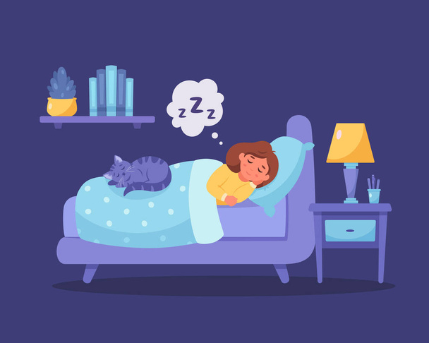 Holčička spí v ložnici s kočkou. Zdravý spánek. Vektorová ilustrace - Vektor, obrázek