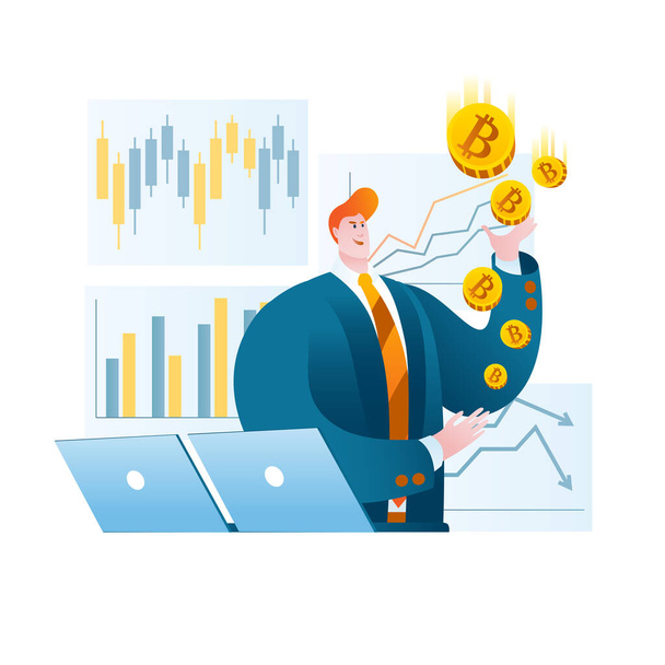 A trader in a business suit is juggling bitcoins against the background of stock charts. - Vector, Image