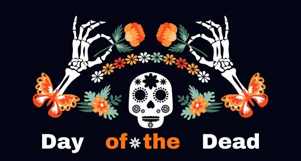 Dia de los Muertos, Day of the Dead,  mexican Halloween tradition festival web-banner, poster with Calavea la Catrina, sugar  skulls,  garland paper cutting flags, skeleton, butterfly  and  marigold flowers Vector - Vektori, kuva