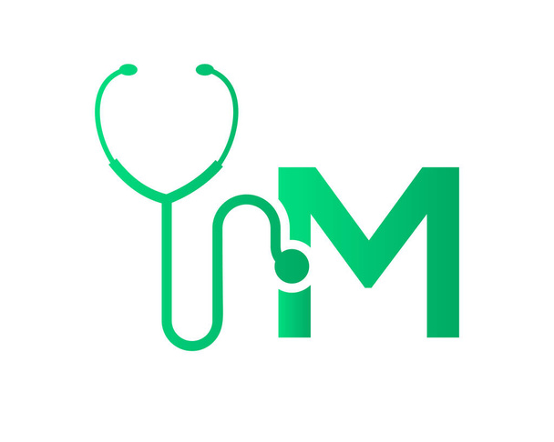 Egészségügyi logó M betű koncepcióval. Stethoscope logó M betű koncepció. Phonendoscope logotípus - Vektor, kép