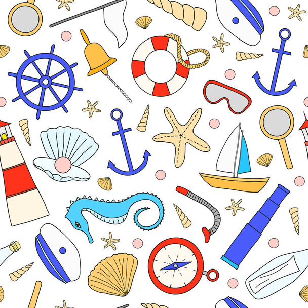 Colorful seamless pattern with hand drawn nautical items. - Wektor, obraz