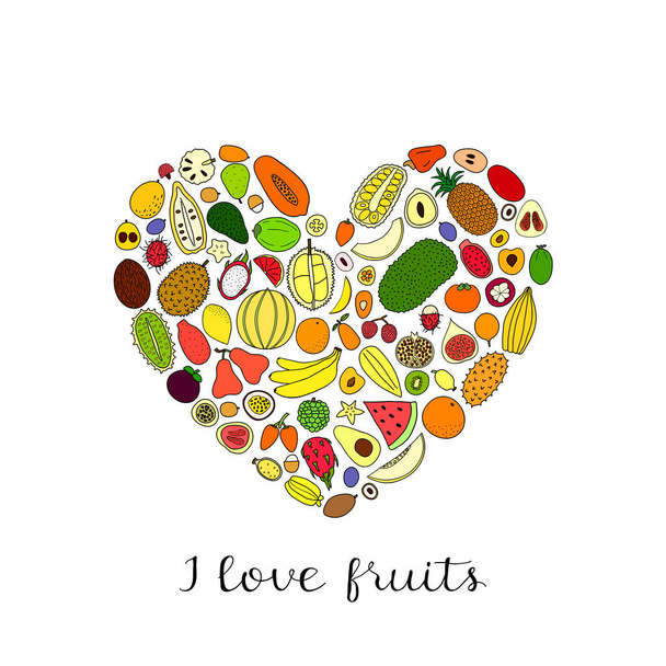 Hand drawn tropical fruits in heart shape with lettering. - ベクター画像