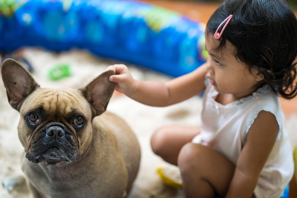 A shallow focus shot of a Southeast Asian girl playing with a cute french bulldog - Fotó, kép