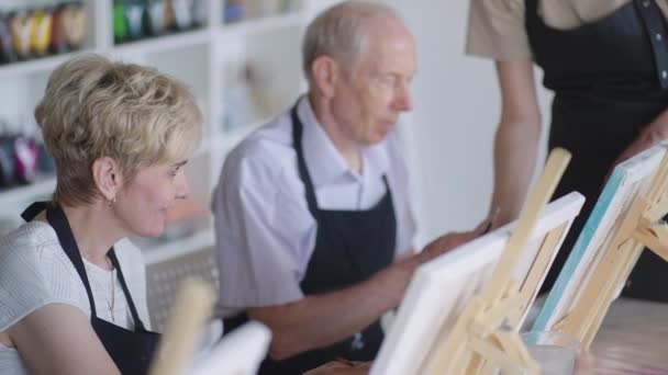Vista lateral de una feliz persona mayor sonriendo mientras dibuja como una actividad recreativa o terapia en la clase de pintura junto con el grupo de mujeres y hombres jubilados - Imágenes, Vídeo