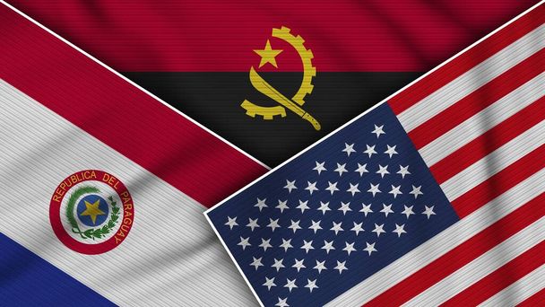 Angola Stany Zjednoczone Ameryki Paragwaj Flagi Razem Efekt tekstury tkaniny Ilustracja - Zdjęcie, obraz