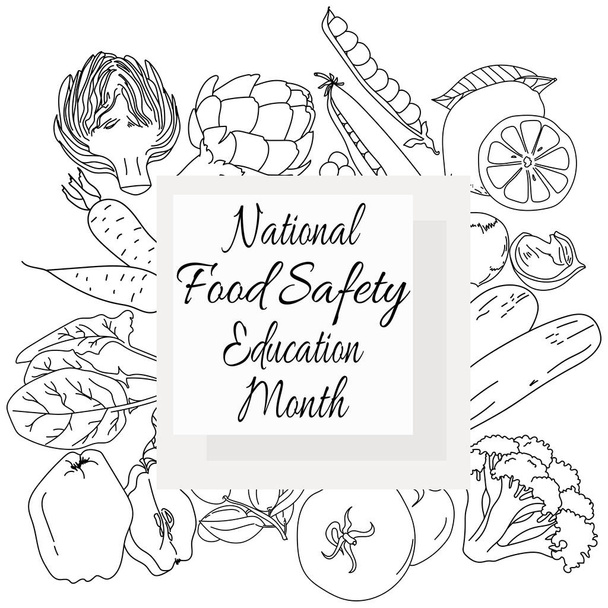 Mese nazionale di educazione alla sicurezza alimentare, banner con cornice decorativa da contorno illustrazione di verdure e frutta vettoriale - Vettoriali, immagini