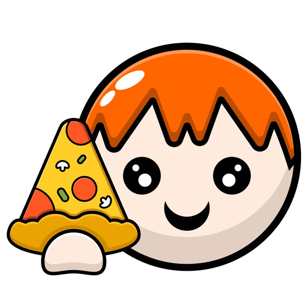 オレンジ色の髪のシンプルなデザインのベクトル漫画の円の頭は三角形のピザを保持 - ベクター画像