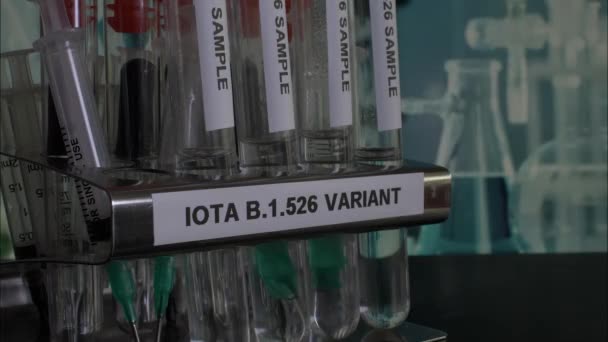 Iota B.1.526 Δείγματα δοκιμαστικών σωλήνων που αφαιρούνται από το Rack. Κλειδωμένο, κοντινό. - Πλάνα, βίντεο