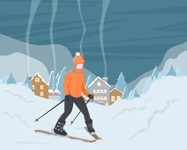 Skifahrerin junges Mädchen beim Skifahren im Winter in den Bergen und Wäldern. Winterliche Berglandschaft. Flache Vektorabbildung. - Vektor, Bild