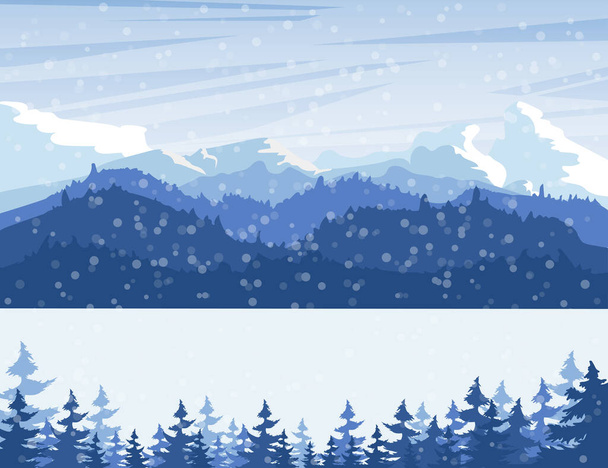 Modrá zimní krajina, hory v zimě s věčně zeleným jehličnatým lesem. Banner nebo plakát se zimní krajinou pro turistiku, cestování nebo turistiku. Plochá vektorová ilustrace. - Vektor, obrázek