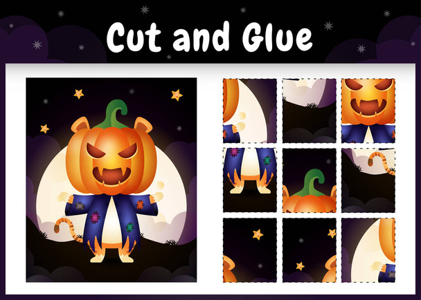 Children board game cut and glue with a cute tiger using halloween costume - Vector, Image