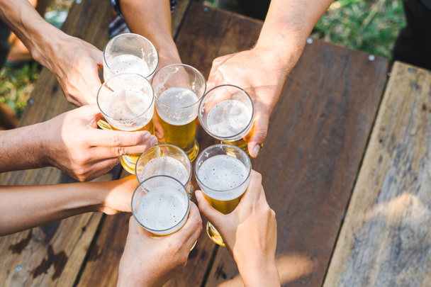 Vystřižený záběr lidí držících sklenice na pivo, jak slaví v letním táboření venku. Přátelé cinkání láhev piva během kempování venku - Fotografie, Obrázek