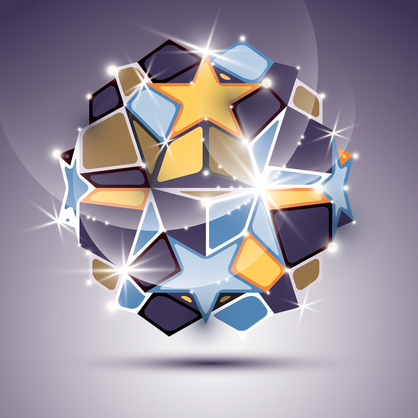 3D twinkle mirror ball with gold stars. Vector festive geometric - Vektör, Görsel