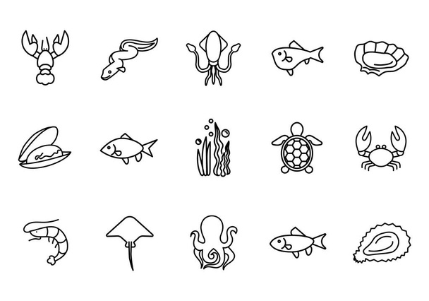 Set von Meeresfrüchte-Ikonen. Fisch flaches Piktogramm für Netz. Linienschlag. Garnelen, Austern, Schalentiere isoliert auf weißem Hintergrund. Umrissvektor eps10 - Vektor, Bild