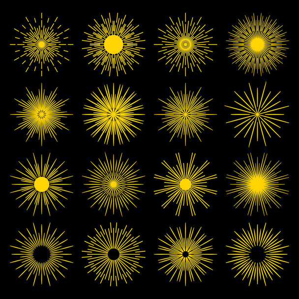 バースト光線の日の出スターバーストフラット漫画のアイコンのセット。グラフィックシンボル別の日の出、日没。ロゴタイプ、エンブレム、ロゴ、タグ、スタンプ、バナーのJpeg装飾要素 - 写真・画像