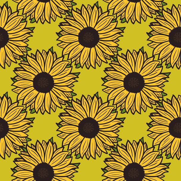 Seamless pattern sunflowers on green background. Beautiful texture with yellow sunflower and leaves. Geometric floral template n doodle style for fabric. Design vector illustration. - Vetor, Imagem