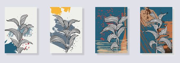  Trendy set di acquerello minimalista illustrazioni astratte. Minimale arte murale botanica. Grafica moderna di metà secolo. Plant art design per i social media, post sul blog, stampa, copertina, carta da parati. Vettore - Vettoriali, immagini