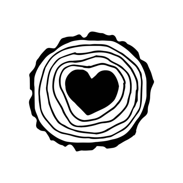 ilustração vetorial, desenho de linha de doodle simples. serrou um coração de árvore lá dentro. fatia, fatia de madeira. símbolo feito de madeira, eco, materiais naturais, feito com amor - Vetor, Imagem