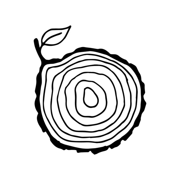 illustrazione vettoriale in stile doodle. visto tagliato da un albero. carino disegno sul tema fatto di legno, eco, legname. sega stilizzata taglio di un albero, un ramoscello con una foglia. clip art isolato su sfondo bianco - Vettoriali, immagini