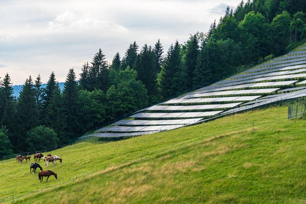 Parco solare fotovoltaico, prato alpino, pascolo e pascolo di cavalli con montagne alpine sullo sfondo. Pannelli solari in un paesaggio rurale nelle Alpi estive. Sviluppo sostenibile dell'energia solare globale. - Foto, immagini